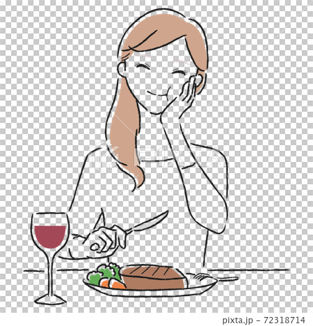 美味しい牛肉のステーキを食べて笑顔の若い女性のイラスト のイラスト素材