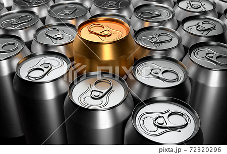 Unique golden can among group of silver recyclable cans cans. View from above Unique golden can among group of silver recyclable cans cans. View from above 72320296
