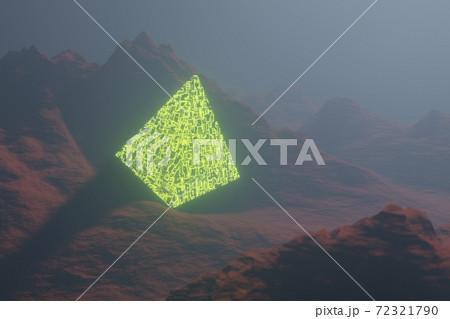 luminous mysterious pyramid on a rocky alien terrain, 3D rendering 72321790