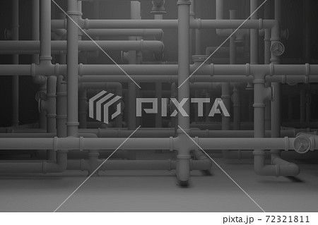 White pipes in a dark room. Dark large basement with piping, 3D rendering 72321811