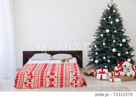Bedroom bed new year holiday interior Christmas tree decor gifts 72322578