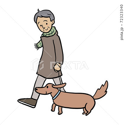 犬の散歩をするシニア男性のイラストのイラスト素材