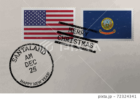 Postage stamp envelope with Idaho and US flag, Christmas and New Year stamps, vector Postage stamp envelope with Idaho and US flag, Christmas and New Year stamps, vector 72324341