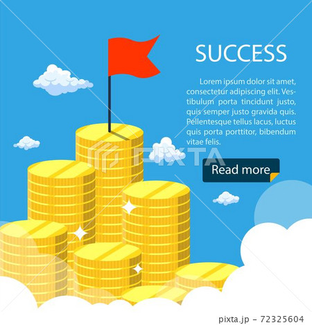 Big growth money stairs in sky with red flag. Success financial rich concept. Business concept. Vector illustration in flat design. Big growth money stairs in sky with red flag. Success financial rich concept. Business concept. Vector illustration in flat design. 72325604