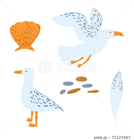 Set gulls isolated on white background. Hand drawn cute cartoon character gull fly, stand, pebble, seashell and feather. 72325907