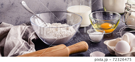 Cooking ingredients for dough, eggs, flour, sugar, milk. Cooking ingredients for dough, eggs, flour, sugar, milk. 72326475