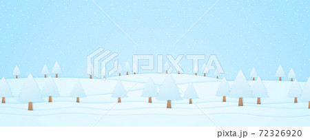 winter landscape, trees on hill and snow falling, paper art style 72326920