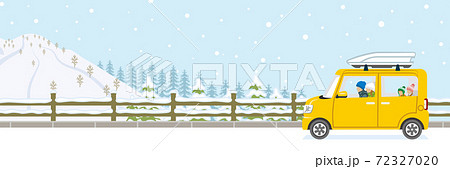 冬道をドライブする黄色い車のイラスト素材