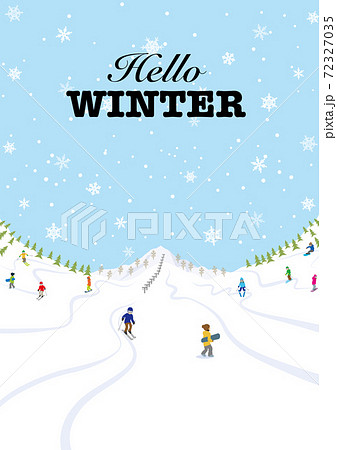 ゲレンデでウインタースポーツを楽しむ人々 縦長 比率 文字付き Hello Winter のイラスト素材