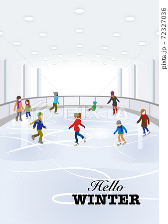 スケートを楽しむ人々 屋内スケートリンク 文字付き Hello Winter のイラスト素材