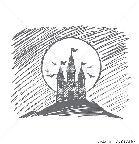Hand drawn Halloween Dracula castle on hill 72327367