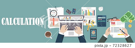 Auditing concept vector illustration. Tax process. Business background. Flat design of analysis, data, accounting, planning, management, research, calculation, reporting, project management. 72328627