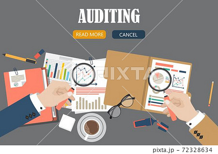 Auditing concept vector illustration. Tax process. Business background. Flat design of analysis, data, accounting, planning, management, research, calculation, reporting, project management. 72328634