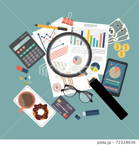 Auditing concept vector illustration. Tax process. Business background. Flat design of analysis, data, accounting, planning, management, research, calculation, reporting, project management. 72328636