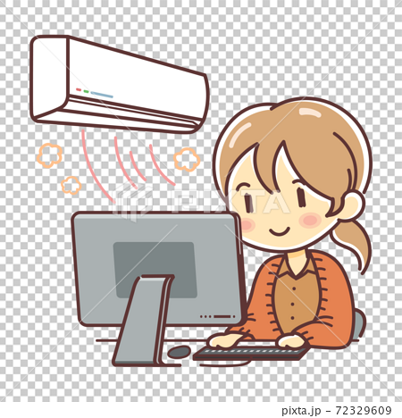 暖房をつけて仕事をする女性のイラスト パソコン デスクワーク エアコン のイラスト素材