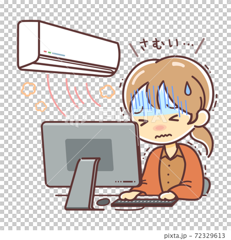 暖房が寒い女性のイラスト（パソコン・デスクワーク・エアコン） 72329613