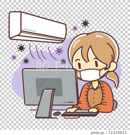 エアコンと空気中に漂うウイルスのイラスト（パソコン・デスクワーク・女性） 72329615