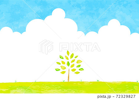 癒しの青空と木の風景イラストのイラスト素材