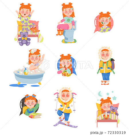 Little Red Haired Girl Waking up, Bathing and Eating Breakfast Vector Set 72330319