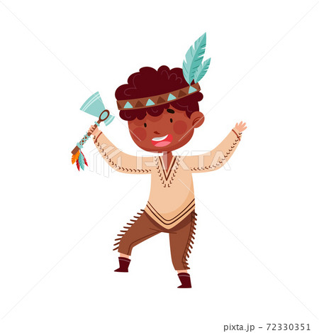 Cheerful African American Boy in Red Indian Costume and Feathered Headdress Holding Hatchet Vector Illustration Cheerful African American Boy in Red Indian Costume and Feathered Headdress Holding Hatchet Vector Illustration 72330351