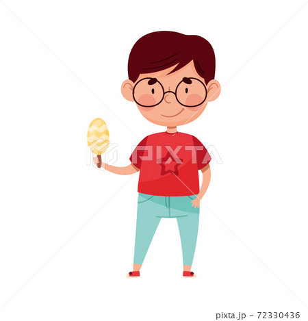 Funny Boy Character Holding Popsickle or Fruit Ice Vector Illustration 72330436