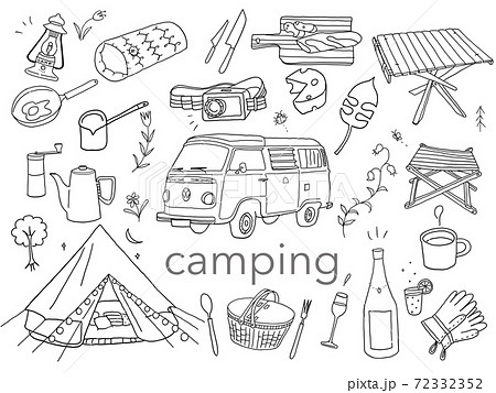 おしゃれなキャンプのこだわりアウトドア用品の白黒線画のイラストのイラスト素材