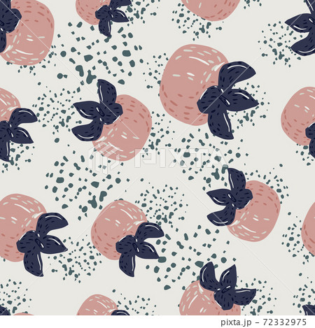 Random pale seamless pattern with persimmons. Pink and navy blue colored fruits on grey background with splashes. 72332975