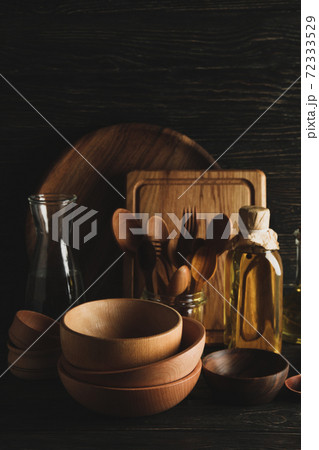 Different wooden kitchenware on wooden table, space for text Different wooden kitchenware on wooden table, space for text 72333529