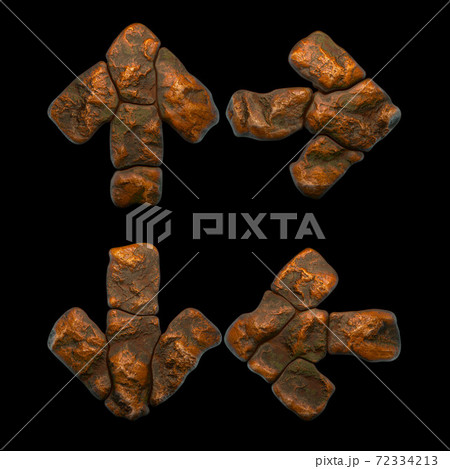 Set of rocky symbols up arrow, to down, right and left arrow. Font of stone on black background. 3d 72334213