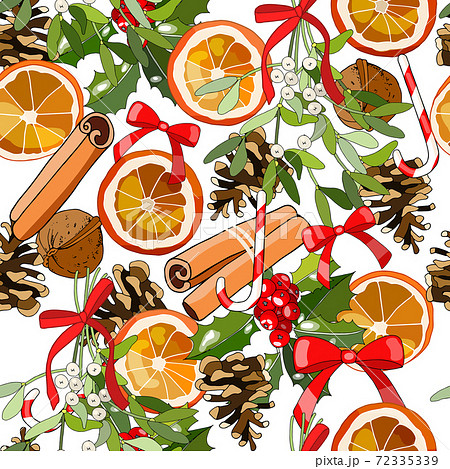 Vector seamless festive pattern with cinnamon stick, dried orange, cone, sugar cane, Holly, mistletoe, nuts. Traditional christmas symbols. 72335339