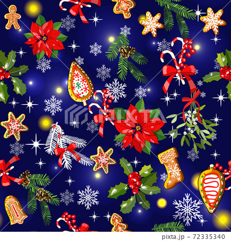 Vector seamless pattern with traditional Christmas and New Year symbols. Endless hand draw texture for your festive fabric, wallpaper, textile, 72335340