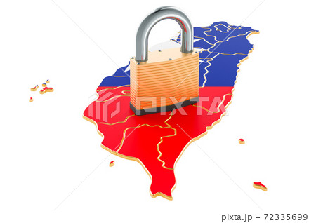Lockdown in Taiwan. Padlock with map, border protection concept. 3D rendering 72335699