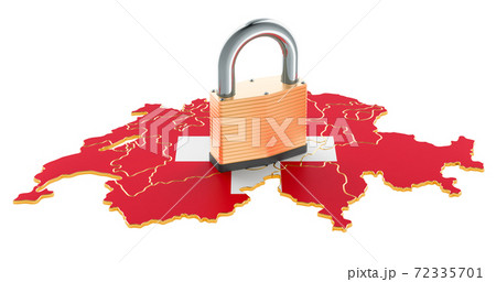 Lockdown in Switzerland. Padlock with map, border protection concept. 3D rendering Lockdown in Switzerland. Padlock with map, border protection concept. 3D rendering 72335701