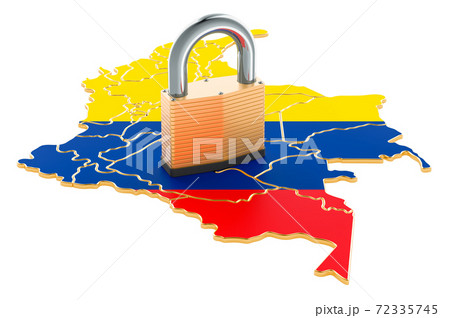 Lockdown in Columbia. Padlock with map, border protection concept. 3D rendering 72335745