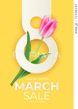 8 March sale banner with tulip Background Design. Template for advertising, web, social media and fashion ads. Poster, flyer, greeting card, header for website Vector Illustration. EPS10 72336197