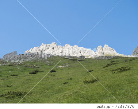 view on white shining limestone moutain peaks and rock with green grass and clear blue sky. Alpine landscape of Stubai Tirol Alps, Austria. 72337876