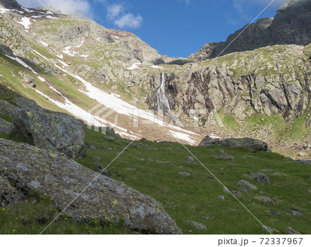 view of wild river, waterfall from melting ice at hiking trail, Stubai Hohenweg Tyrol, Austrian Alps view of wild river, waterfall from melting ice at hiking trail, Stubai Hohenweg Tyrol, Austrian Alps 72337967