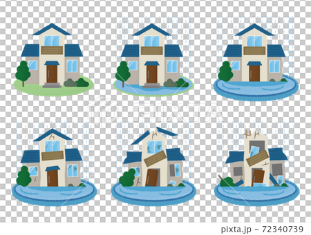 水害に遭う住宅のベクターイラストセット 72340739