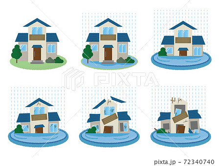 水害に遭う住宅のベクターイラストセット 水害に遭う住宅のベクターイラストセット 72340740