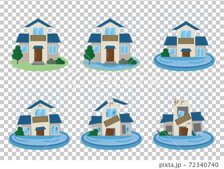 水害に遭う住宅のベクターイラストセット 水害に遭う住宅のベクターイラストセット 72340740