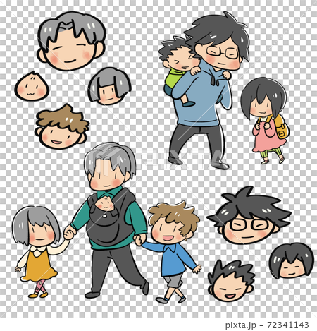 お父さんと出かける子供たちの全身と顏アイコンのイラストセットのイラスト素材