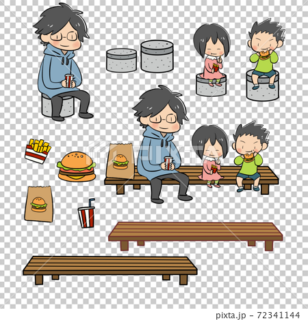 ベンチでハンバーガーを食べるお父さんと子供たちのイラストセットのイラスト素材
