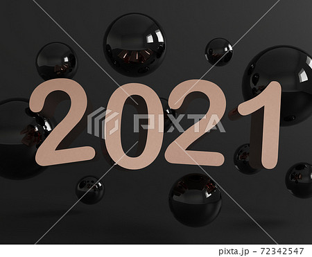 Creative concept of 2021 Happy New Year. Abstract minimal scene with geometrical forms. Rose gold symbol flying with sphere on black background. 3d render. 72342547