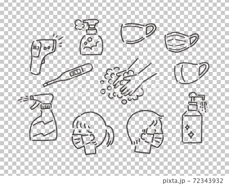 コロナウイルス感染予防対策のための白黒線画イラストのイラスト素材