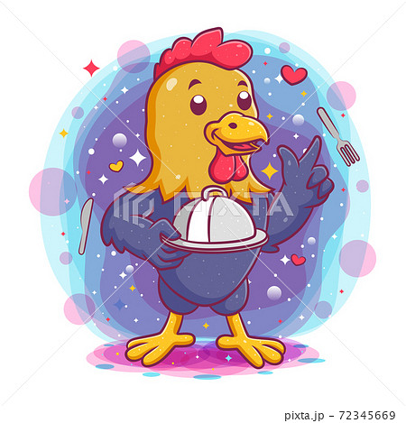 Rooster holding silver platter of illustration Rooster holding silver platter of illustration 72345669