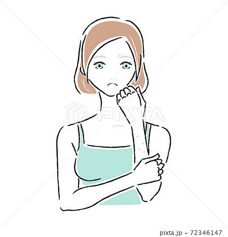 肌トラブルを抱えた若い女性のイラスト 腕にできた湿疹 のイラスト素材