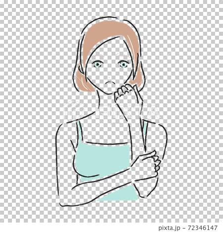 肌トラブルを抱えた若い女性のイラスト。腕にできた湿疹。 72346147