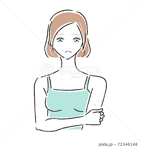肌トラブルを抱えた若い女性のイラスト。二の腕にできた湿疹。 肌トラブルを抱えた若い女性のイラスト。二の腕にできた湿疹。 72346148