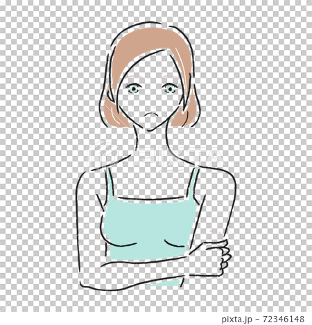 肌トラブルを抱えた若い女性のイラスト。二の腕にできた湿疹。 肌トラブルを抱えた若い女性のイラスト。二の腕にできた湿疹。 72346148