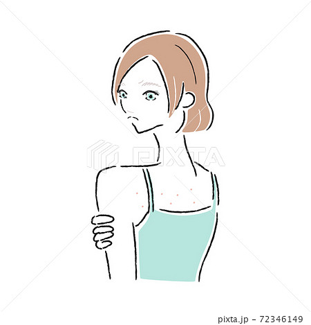 肌トラブルを抱えた若い女性のイラスト。背中にできた湿疹。 72346149